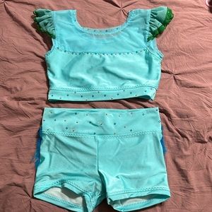 Teal 2 piece custom w feathers on bottom size 11/12
